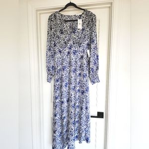 Florets studious denim blue asymmetrical midi floral dress